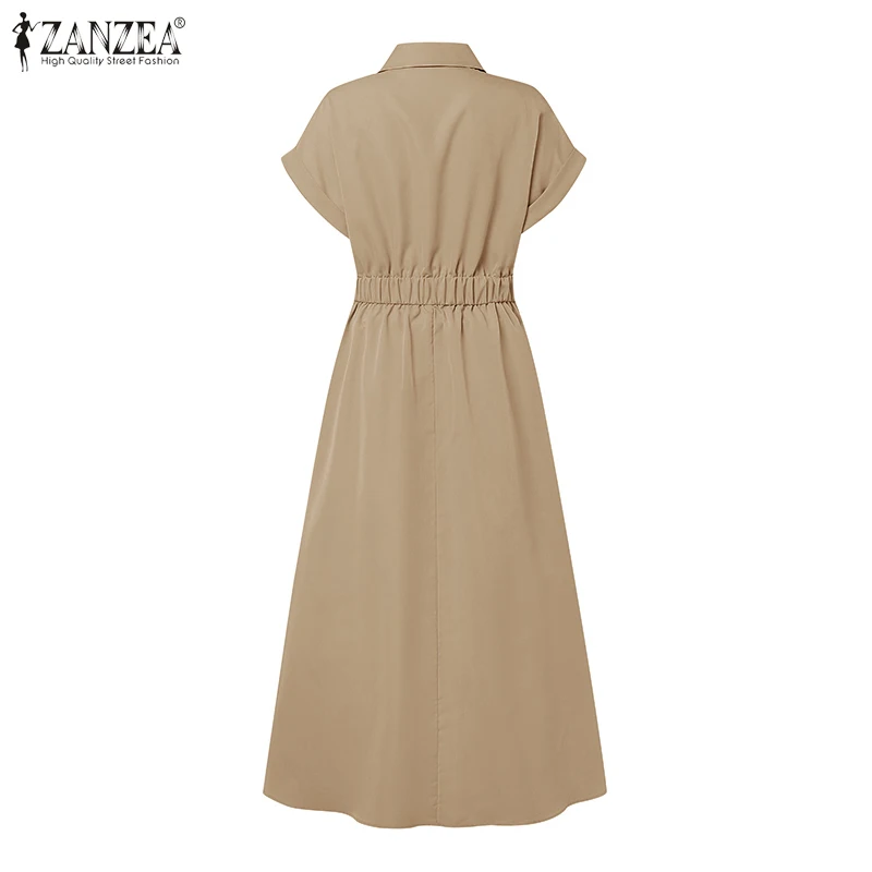Women Summer OL Work Dress ZANZEA Elegant Short Sleeve Office Sundress Casual Solid A Line Buttons Holiday Vestidos Kaftan Robe