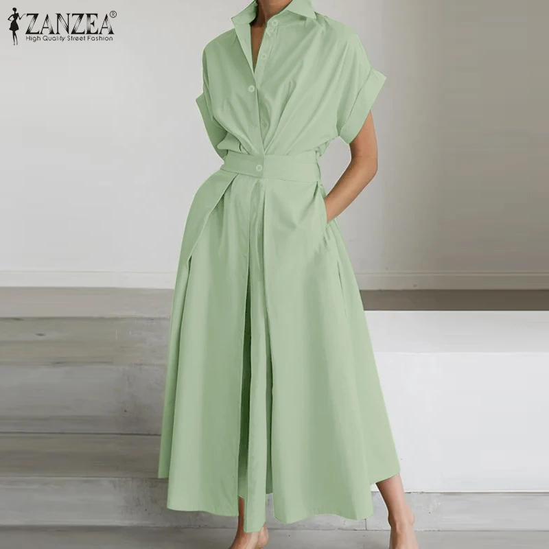 Women Summer OL Work Dress ZANZEA Elegant Short Sleeve Office Sundress Casual Solid A Line Buttons Holiday Vestidos Kaftan Robe