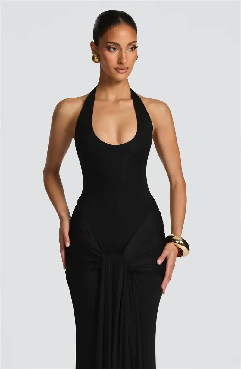 Mozision Halter Backless Sexy Maxi Dress Women Elegant V Neck Sleeveless Draped Ruched Bodycon Club Party Long Dress Female