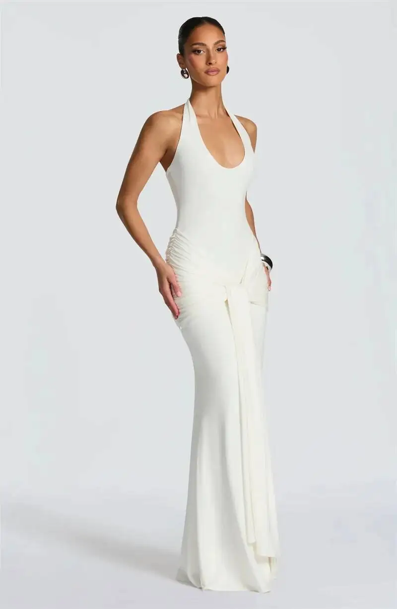 Mozision Halter Backless Sexy Maxi Dress Women Elegant V Neck Sleeveless Draped Ruched Bodycon Club Party Long Dress Female