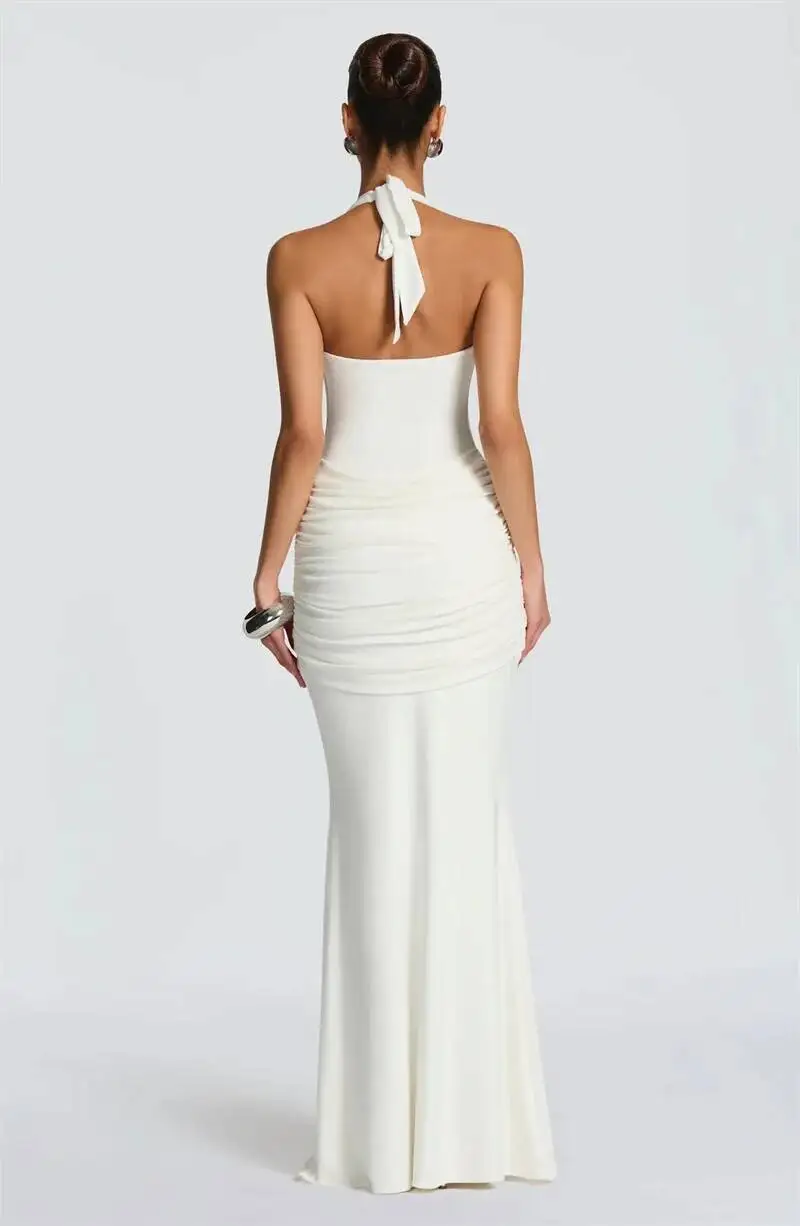 Mozision Halter Backless Sexy Maxi Dress Women Elegant V Neck Sleeveless Draped Ruched Bodycon Club Party Long Dress Female