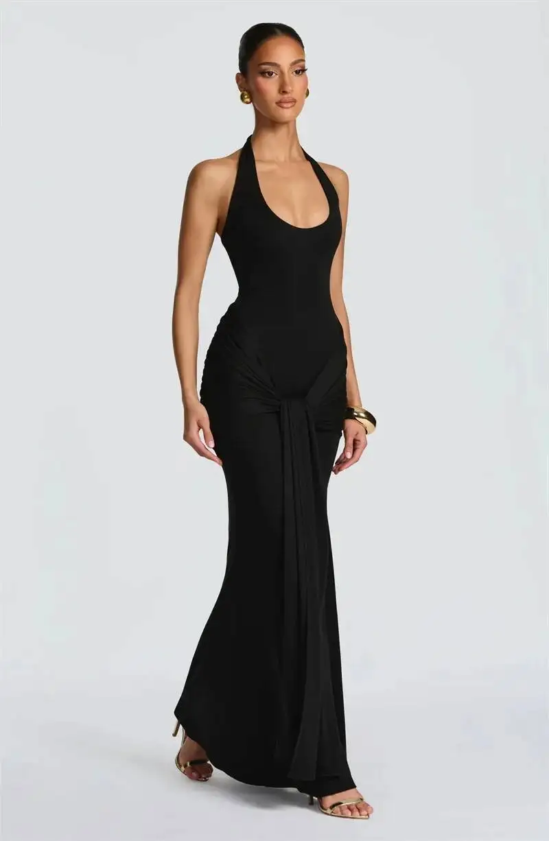 Mozision Halter Backless Sexy Maxi Dress Women Elegant V Neck Sleeveless Draped Ruched Bodycon Club Party Long Dress Female