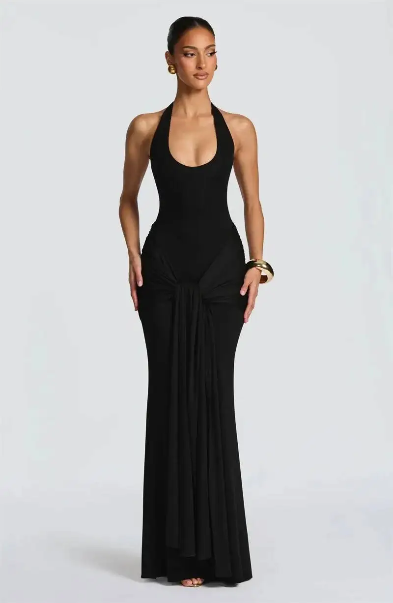 Mozision Halter Backless Sexy Maxi Dress Women Elegant V Neck Sleeveless Draped Ruched Bodycon Club Party Long Dress Female