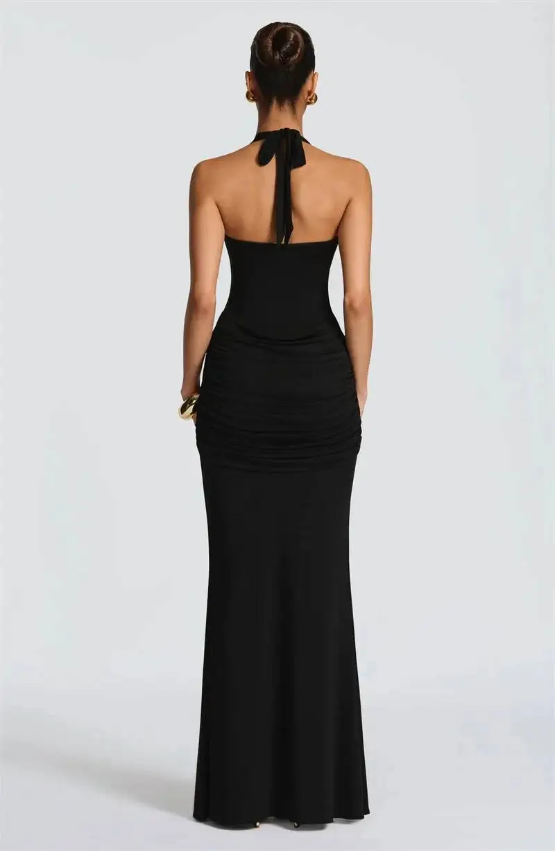 Mozision Halter Backless Sexy Maxi Dress Women Elegant V Neck Sleeveless Draped Ruched Bodycon Club Party Long Dress Female