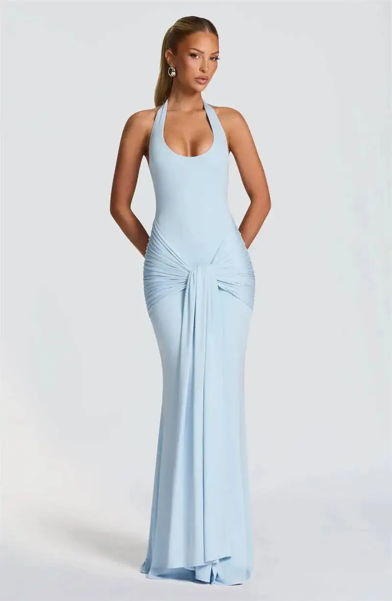Mozision Halter Backless Sexy Maxi Dress Women Elegant V Neck Sleeveless Draped Ruched Bodycon Club Party Long Dress Female