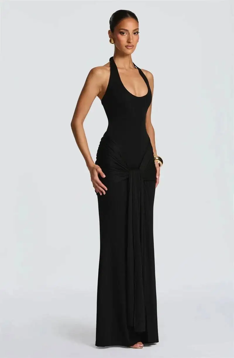 Mozision Halter Backless Sexy Maxi Dress Women Elegant V Neck Sleeveless Draped Ruched Bodycon Club Party Long Dress Female