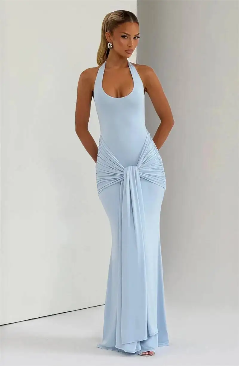 Mozision Halter Backless Sexy Maxi Dress Women Elegant V Neck Sleeveless Draped Ruched Bodycon Club Party Long Dress Female