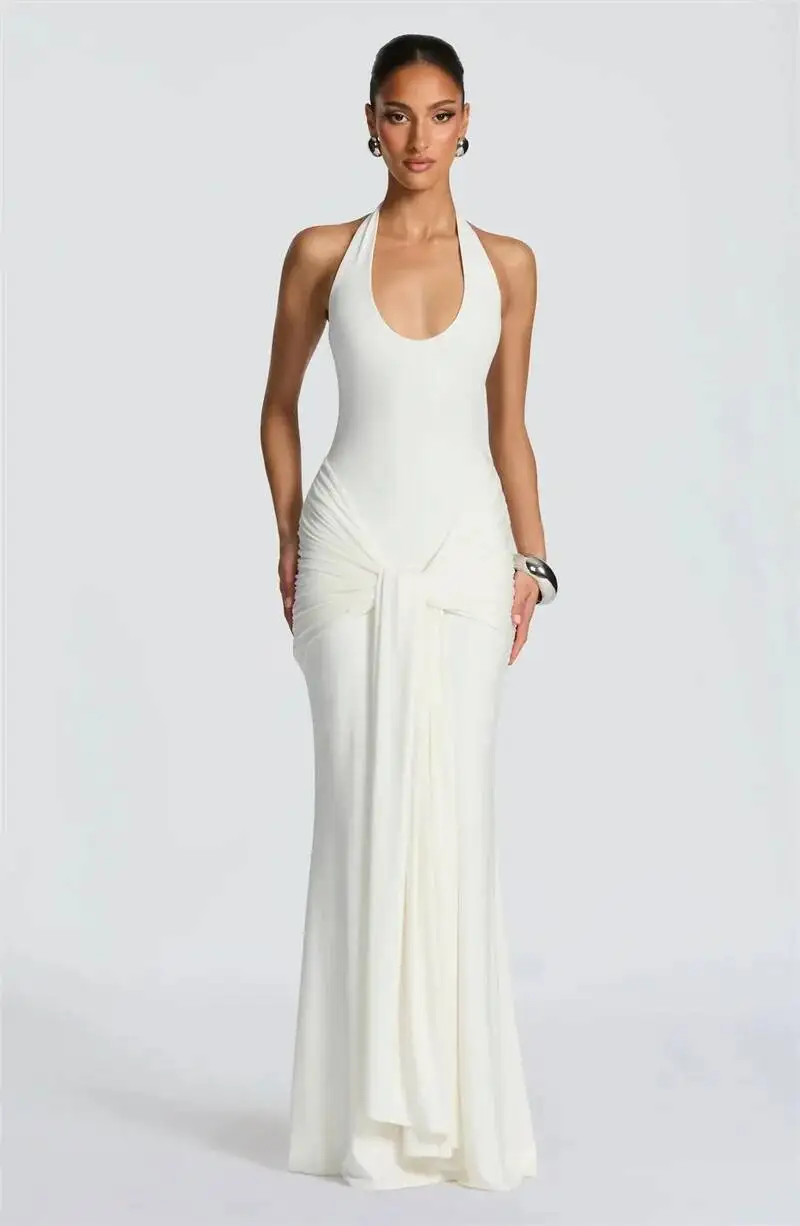 Mozision Halter Backless Sexy Maxi Dress Women Elegant V Neck Sleeveless Draped Ruched Bodycon Club Party Long Dress Female