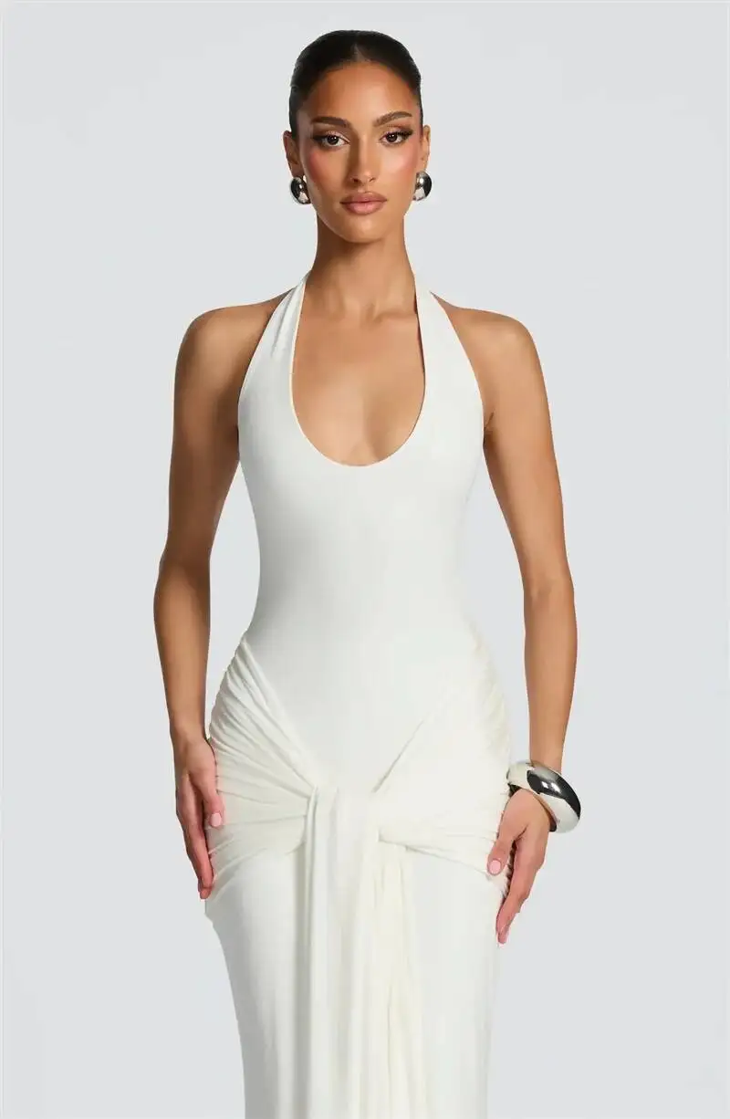 Mozision Halter Backless Sexy Maxi Dress Women Elegant V Neck Sleeveless Draped Ruched Bodycon Club Party Long Dress Female