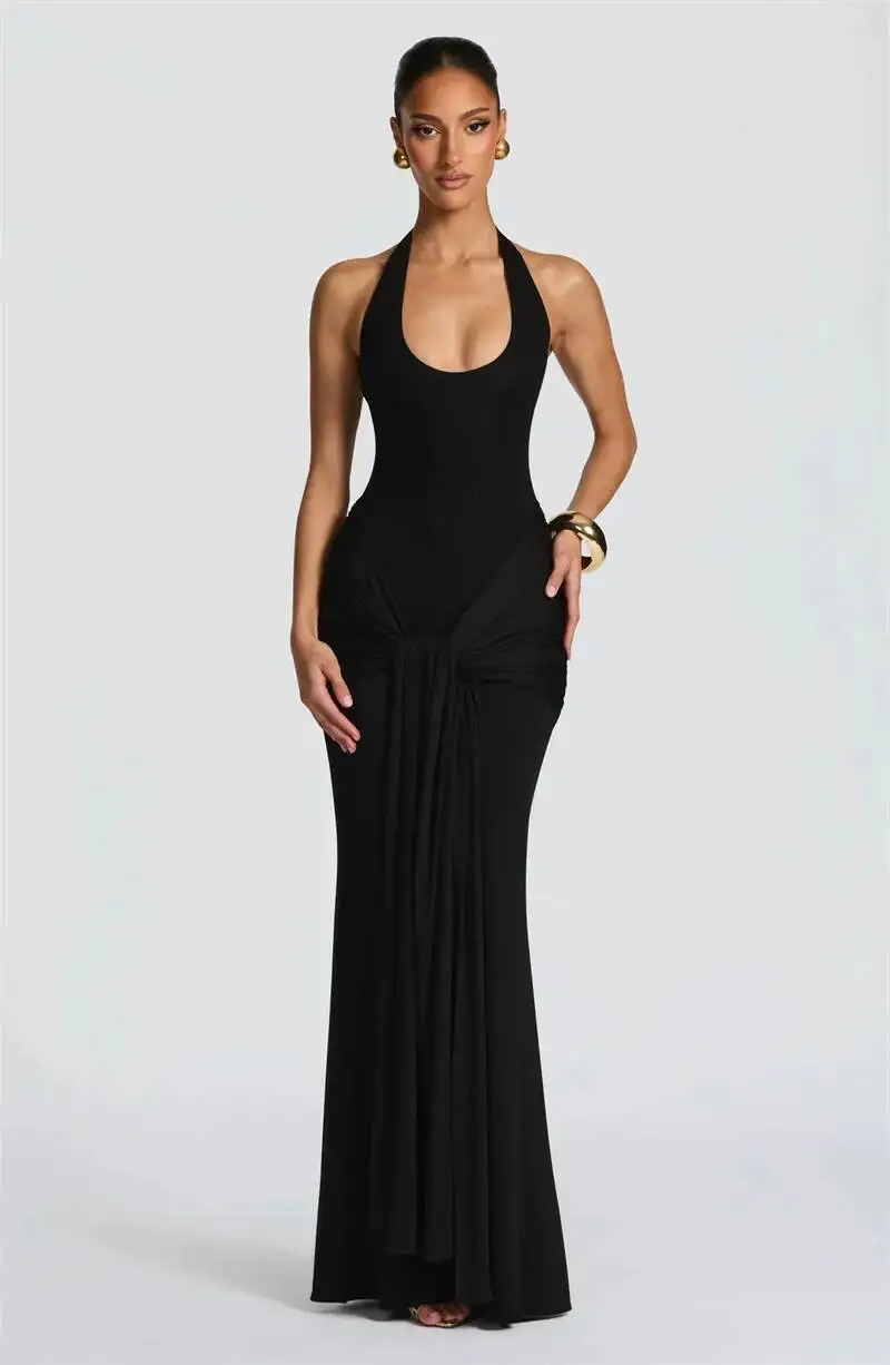 Mozision Halter Backless Sexy Maxi Dress Women Elegant V Neck Sleeveless Draped Ruched Bodycon Club Party Long Dress Female