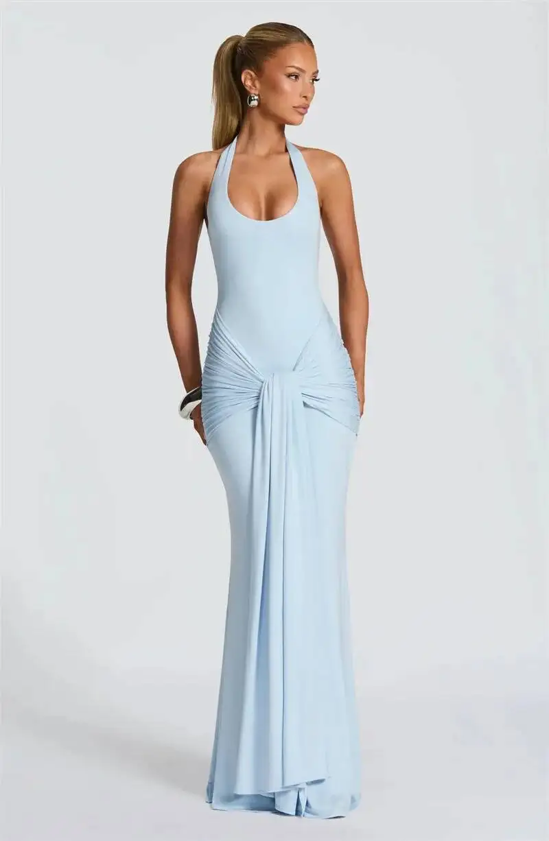 Mozision Halter Backless Sexy Maxi Dress Women Elegant V Neck Sleeveless Draped Ruched Bodycon Club Party Long Dress Female
