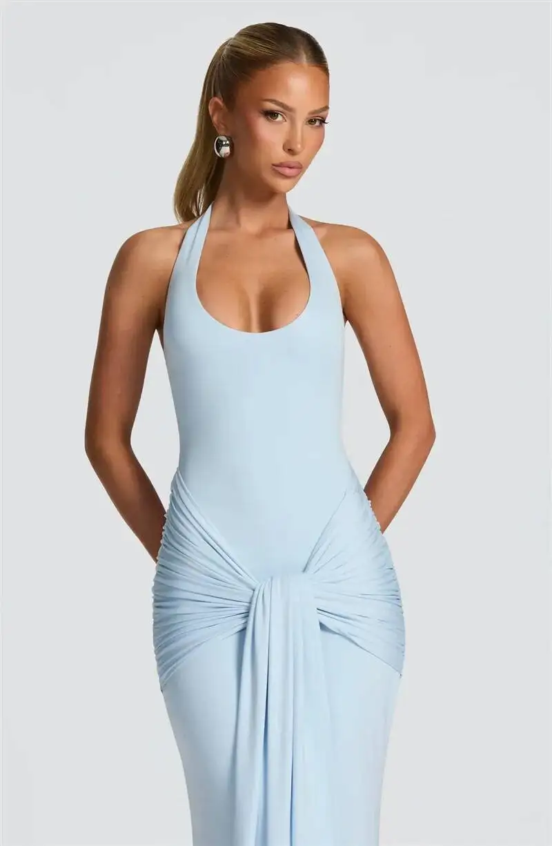 Mozision Halter Backless Sexy Maxi Dress Women Elegant V Neck Sleeveless Draped Ruched Bodycon Club Party Long Dress Female