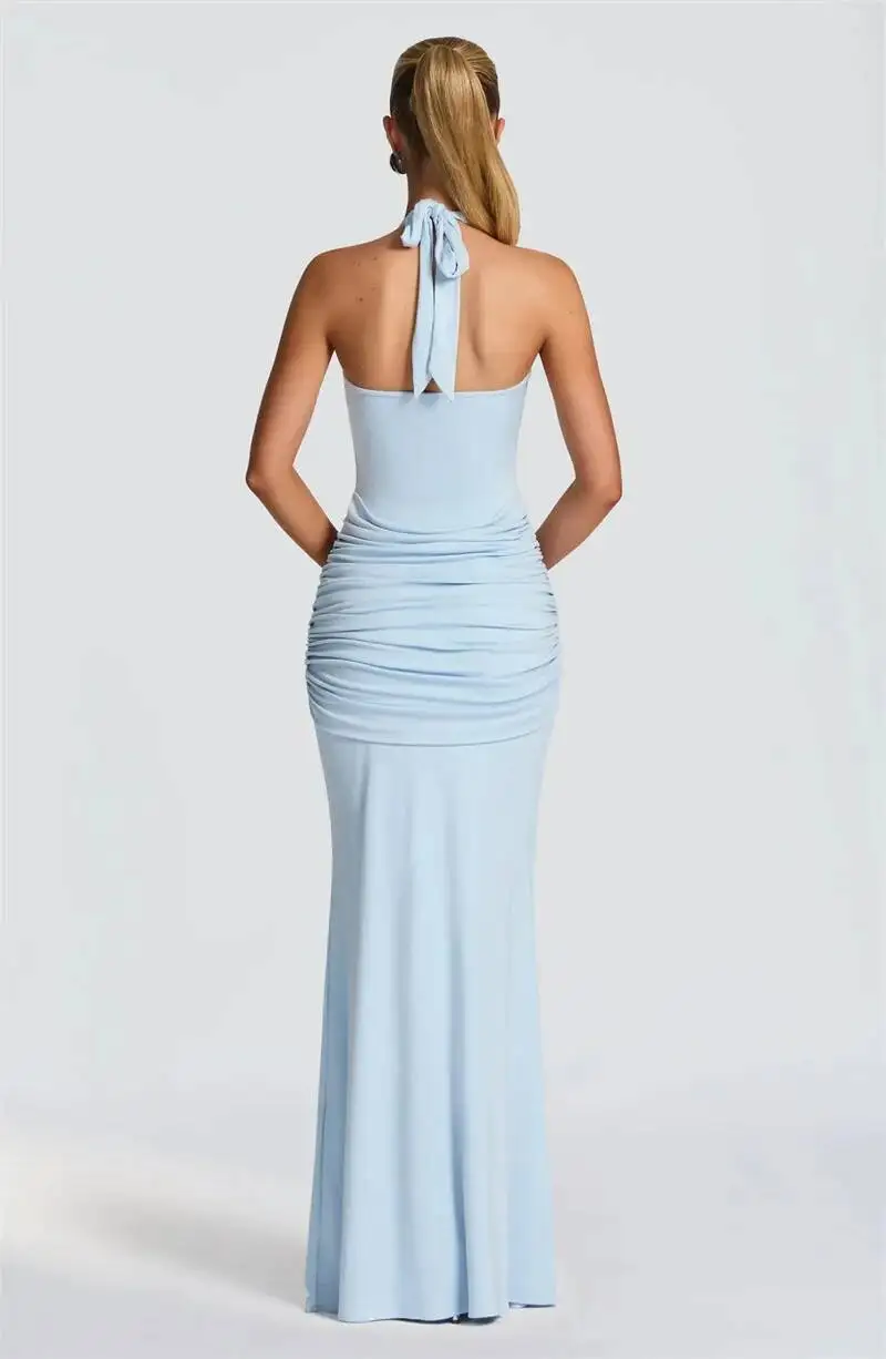 Mozision Halter Backless Sexy Maxi Dress Women Elegant V Neck Sleeveless Draped Ruched Bodycon Club Party Long Dress Female