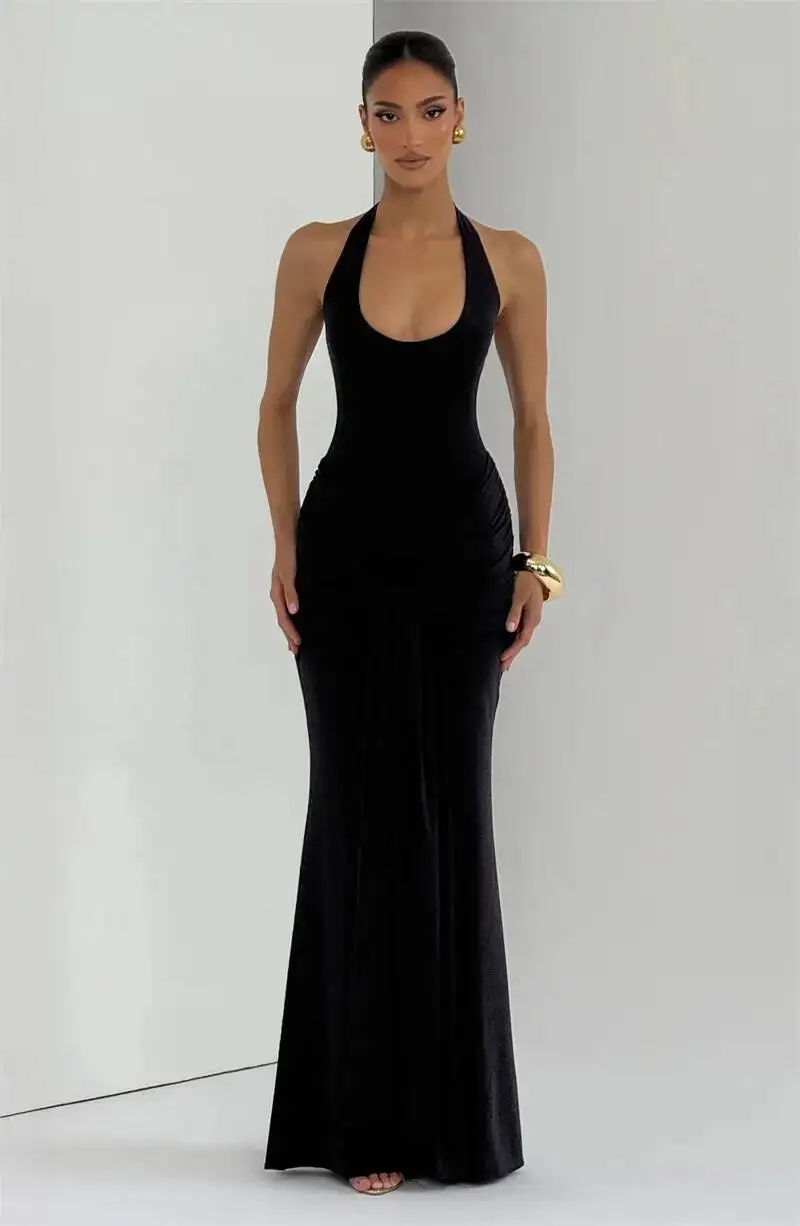 Mozision Halter Backless Sexy Maxi Dress Women Elegant V Neck Sleeveless Draped Ruched Bodycon Club Party Long Dress Female