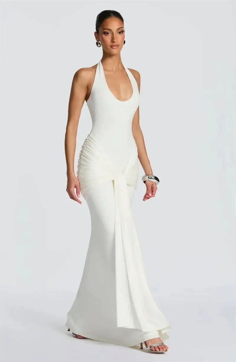 Mozision Halter Backless Sexy Maxi Dress Women Elegant V Neck Sleeveless Draped Ruched Bodycon Club Party Long Dress Female