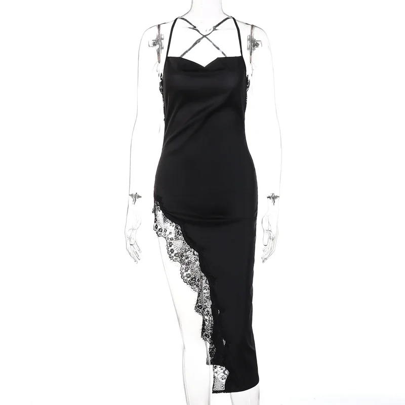 Sexy Lace Party Club Backless Bodycon Stain Black Straps Midi Dress 2024 Summer Clothes Wholesale Items For Resale