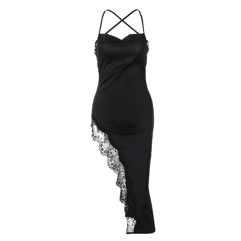 Sexy Lace Party Club Backless Bodycon Stain Black Straps Midi Dress 2024 Summer Clothes Wholesale Items For Resale