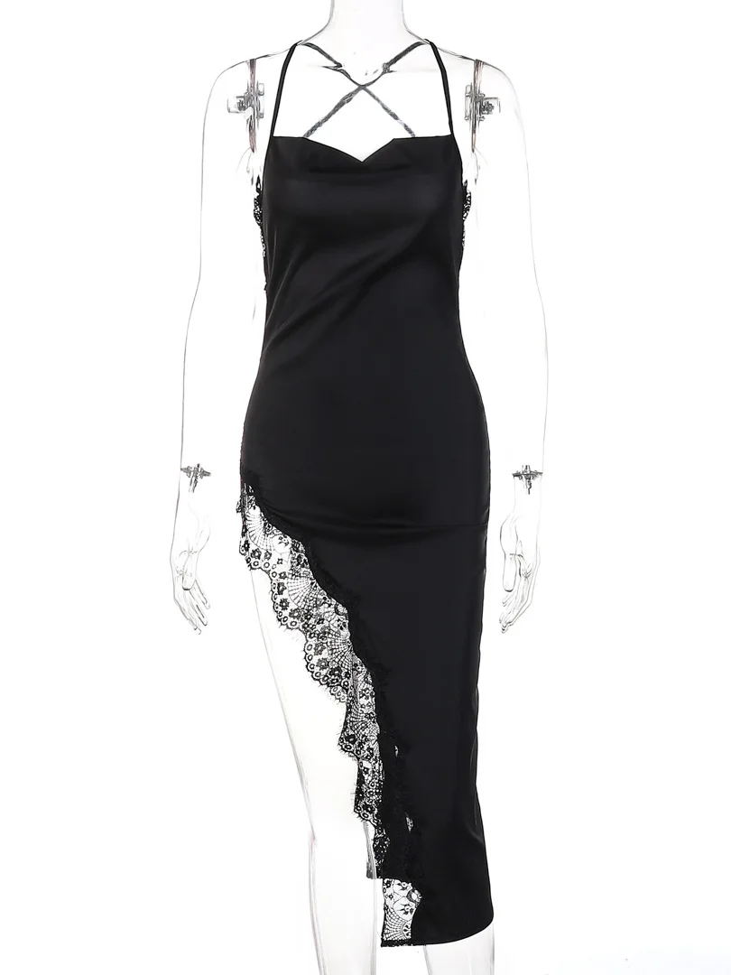 Sexy Lace Party Club Backless Bodycon Stain Black Straps Midi Dress 2024 Summer Clothes Wholesale Items For Resale