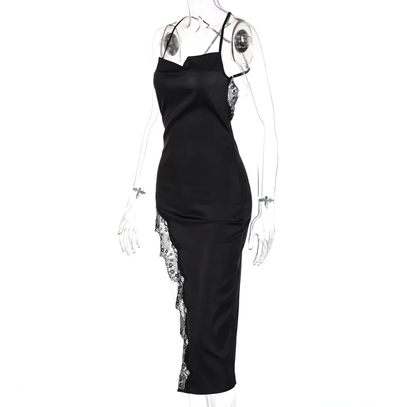 Sexy Lace Party Club Backless Bodycon Stain Black Straps Midi Dress 2024 Summer Clothes Wholesale Items For Resale