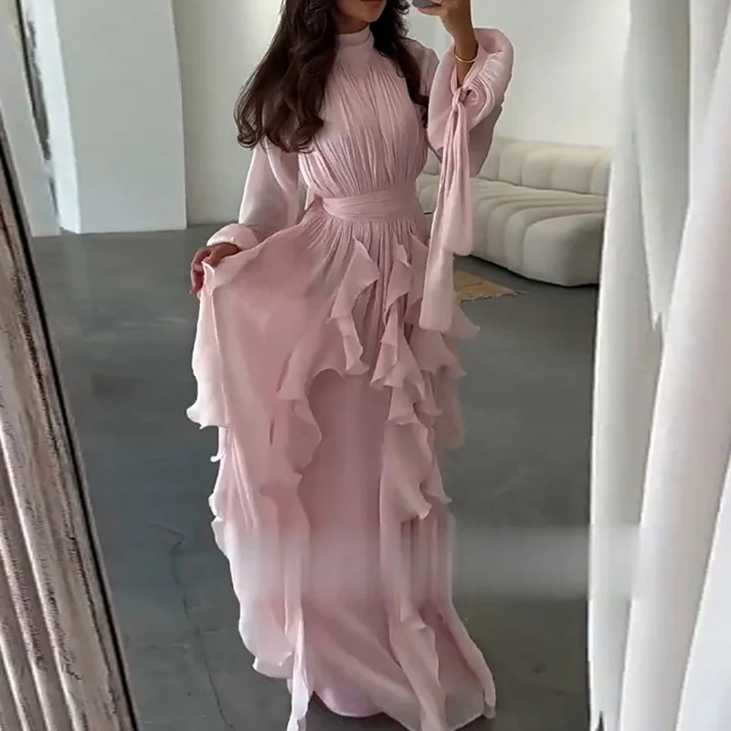 Fashion High Waist Pleat Party Dress Lady Casual High Collar Layered Banquet Dress Elegant Long Sleeve Solid Color Evening Dress