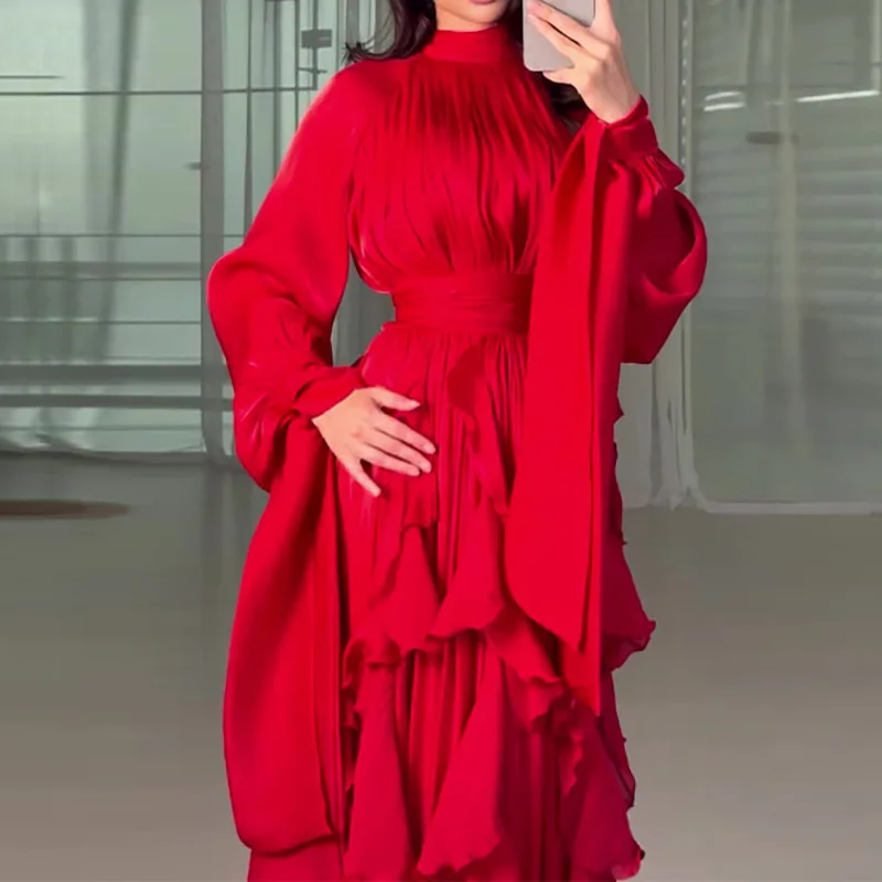 Fashion High Waist Pleat Party Dress Lady Casual High Collar Layered Banquet Dress Elegant Long Sleeve Solid Color Evening Dress