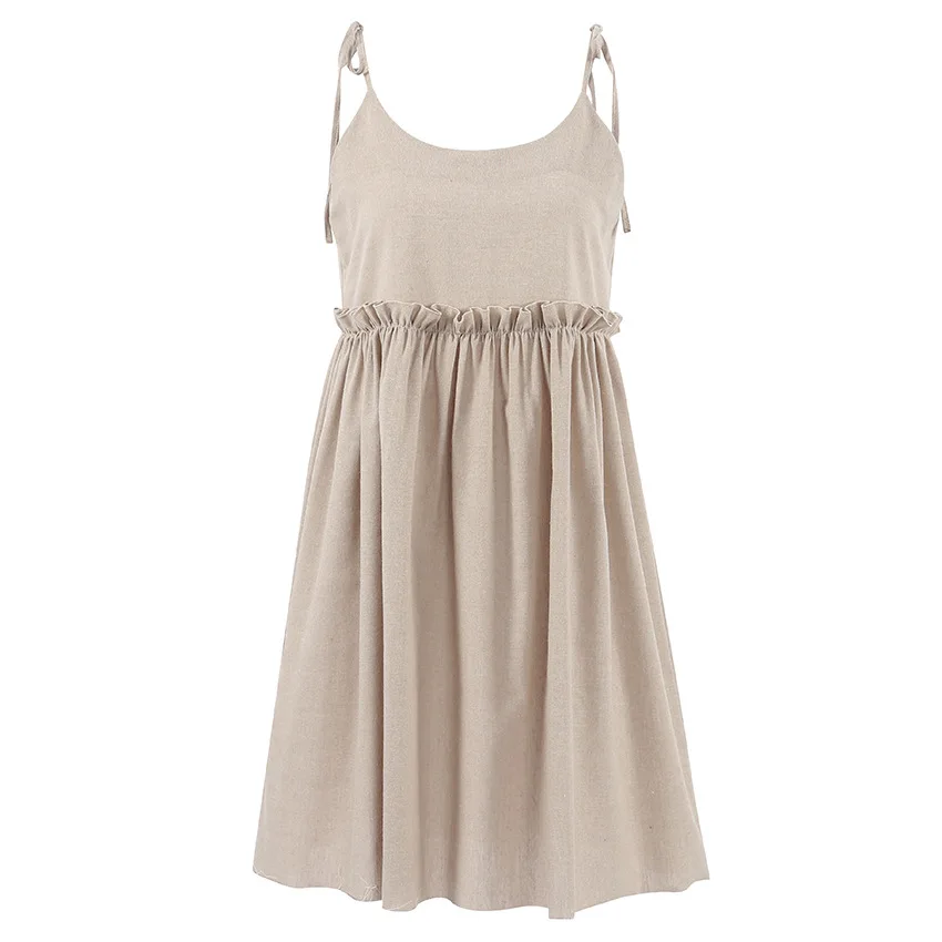Cotton Linen Suspender Dress Spring and Summer Women's Beach Style Fake Casual Loose Soft Ruffled Edge A-line Suspender Dress
