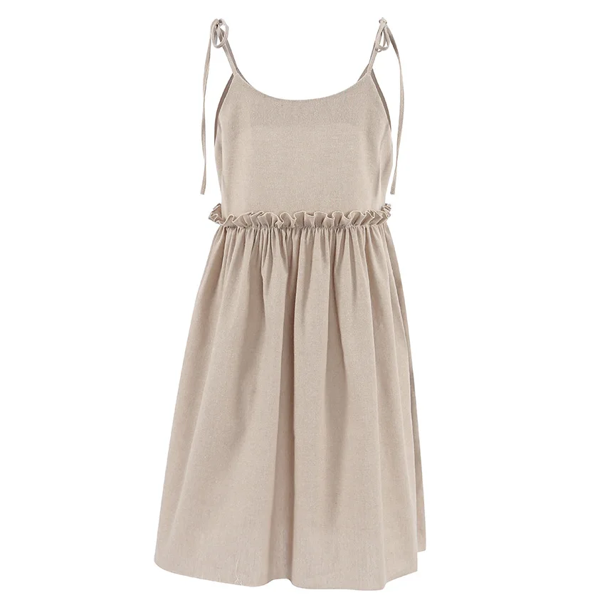 Cotton Linen Suspender Dress Spring and Summer Women's Beach Style Fake Casual Loose Soft Ruffled Edge A-line Suspender Dress