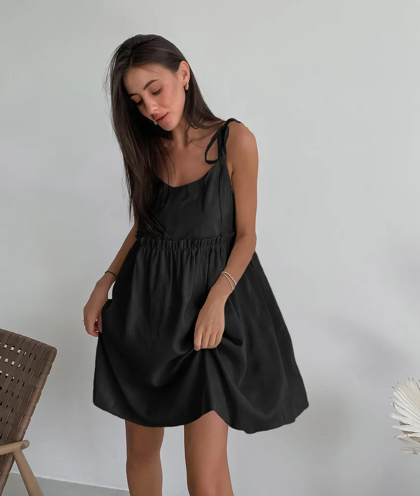 Cotton Linen Suspender Dress Spring and Summer Women's Beach Style Fake Casual Loose Soft Ruffled Edge A-line Suspender Dress