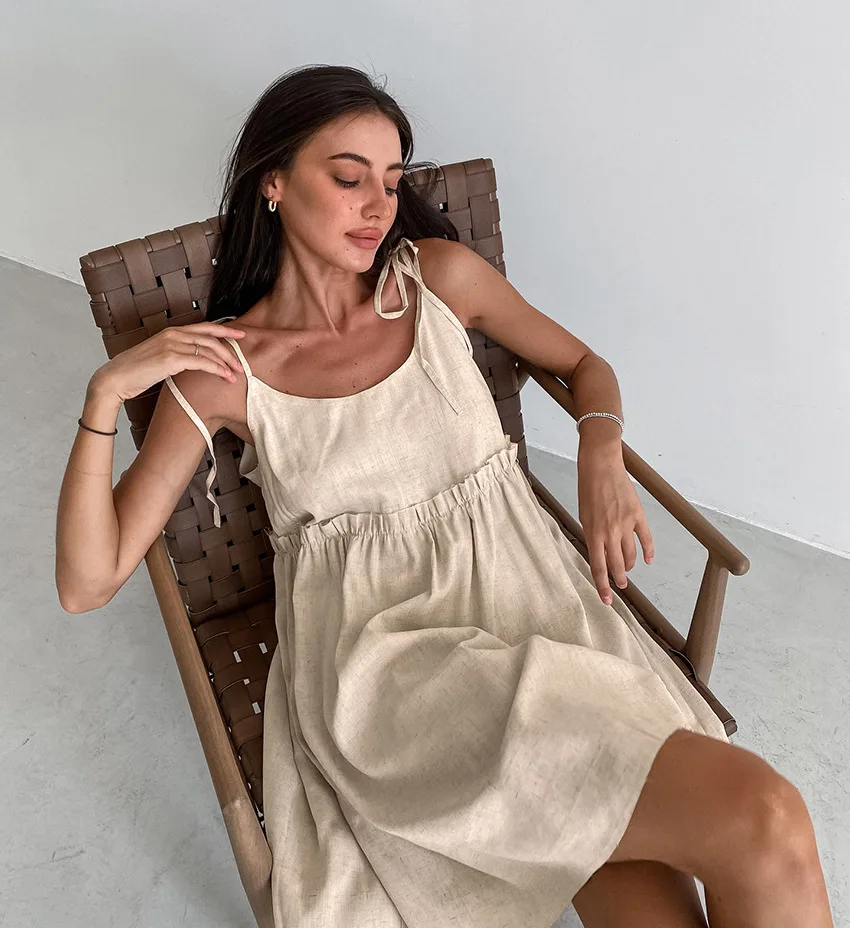 Cotton Linen Suspender Dress Spring and Summer Women's Beach Style Fake Casual Loose Soft Ruffled Edge A-line Suspender Dress