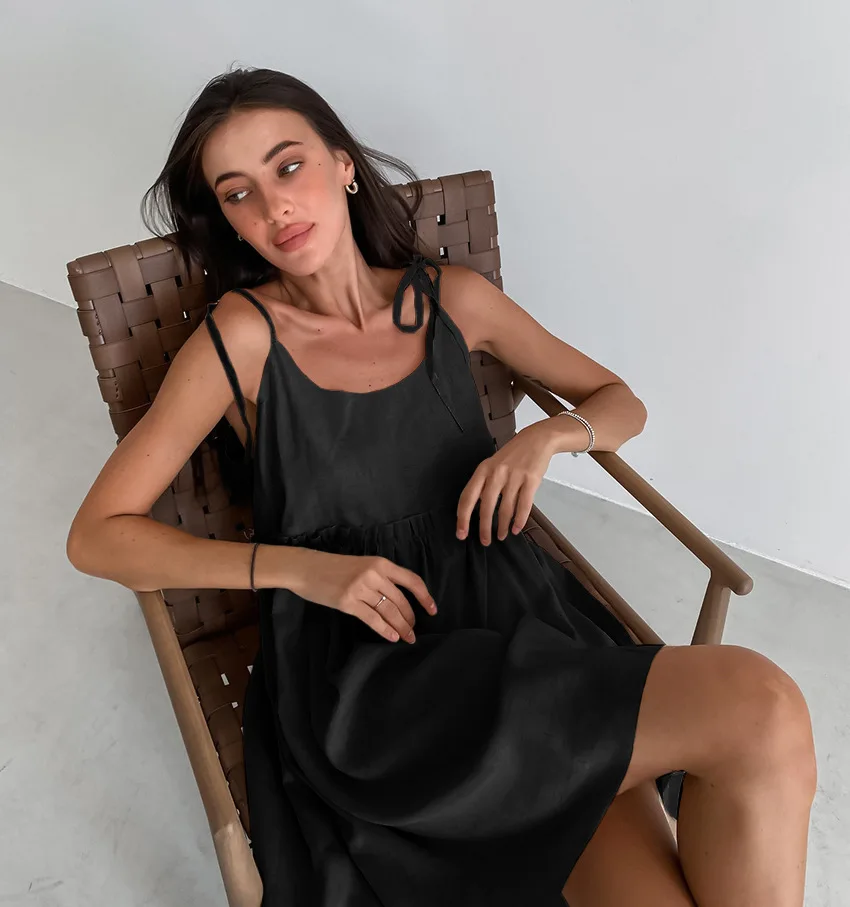 Cotton Linen Suspender Dress Spring and Summer Women's Beach Style Fake Casual Loose Soft Ruffled Edge A-line Suspender Dress