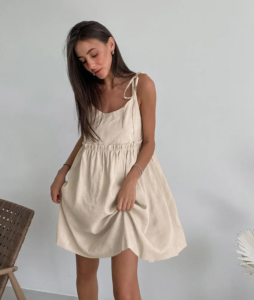 Cotton Linen Suspender Dress Spring and Summer Women's Beach Style Fake Casual Loose Soft Ruffled Edge A-line Suspender Dress