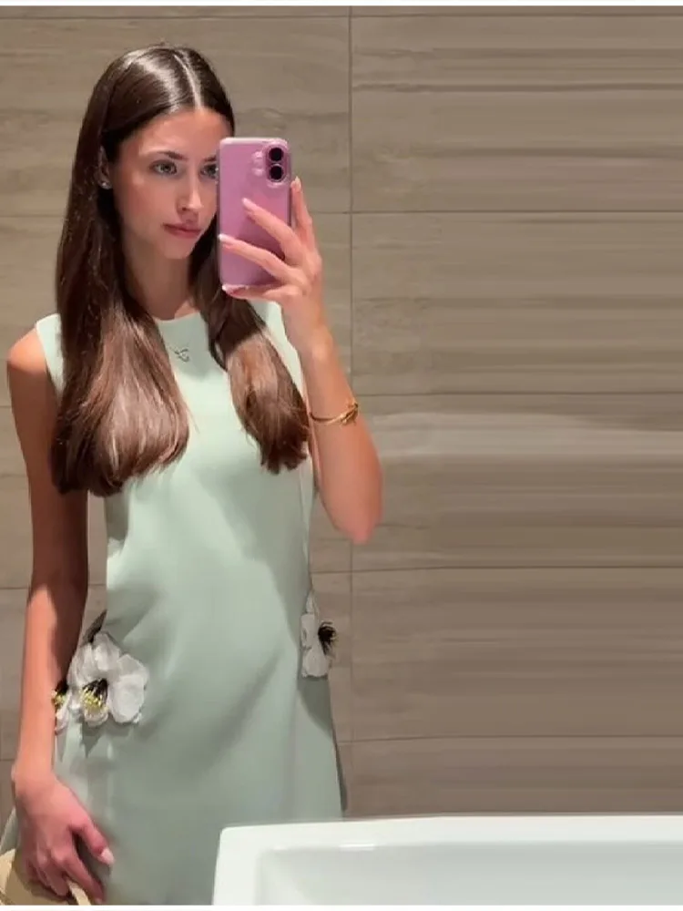 Women's Elegant 3d Flower Sleeveless Mini Dress Lady Light Green Vacation Party Dresses Stylish Female New Trend Summer Clothes
