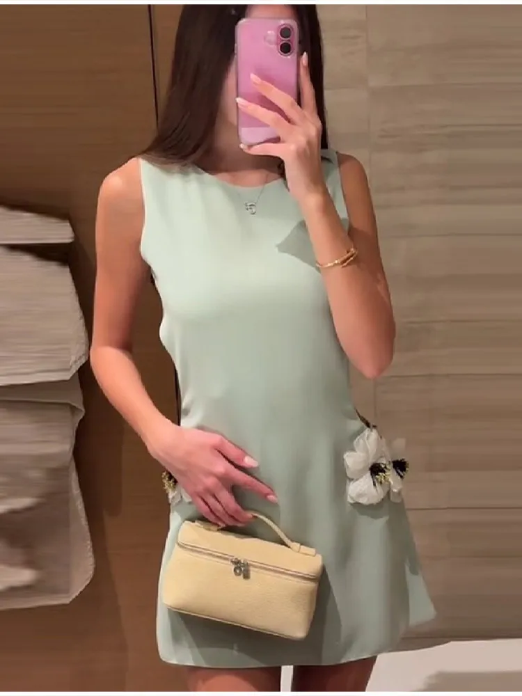 Women's Elegant 3d Flower Sleeveless Mini Dress Lady Light Green Vacation Party Dresses Stylish Female New Trend Summer Clothes