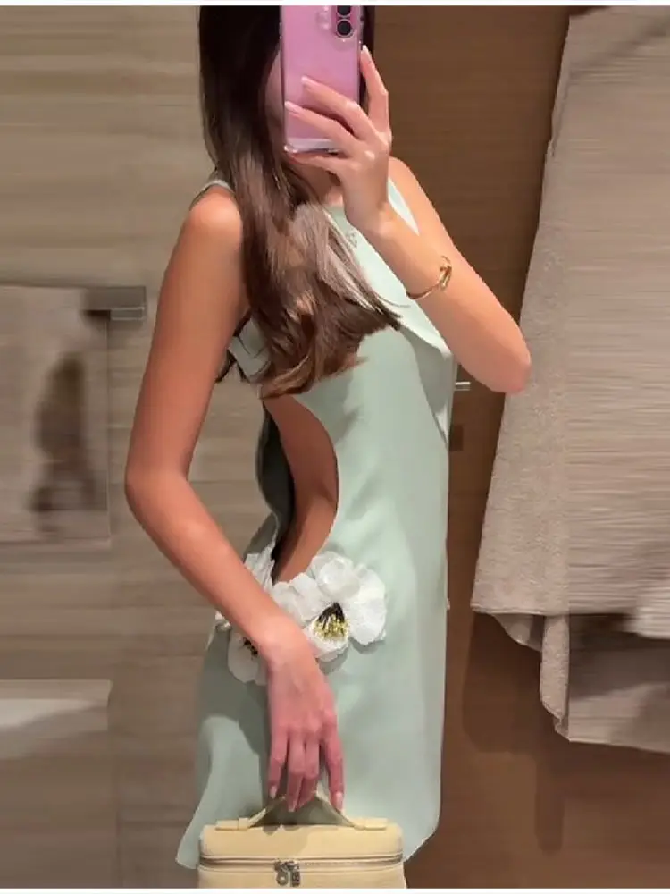 Women's Elegant 3d Flower Sleeveless Mini Dress Lady Light Green Vacation Party Dresses Stylish Female New Trend Summer Clothes