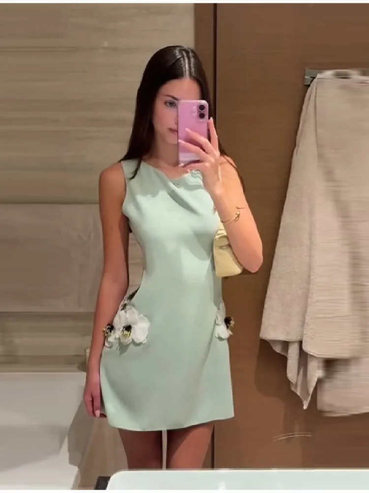 Women's Elegant 3d Flower Sleeveless Mini Dress Lady Light Green Vacation Party Dresses Stylish Female New Trend Summer Clothes