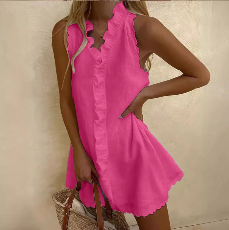 New Women Casual Cotton And Linen White Dress Summer V Neck Ruffles Sleeveless Elegant Boho Beach Party Mini Dresses Female Robe
