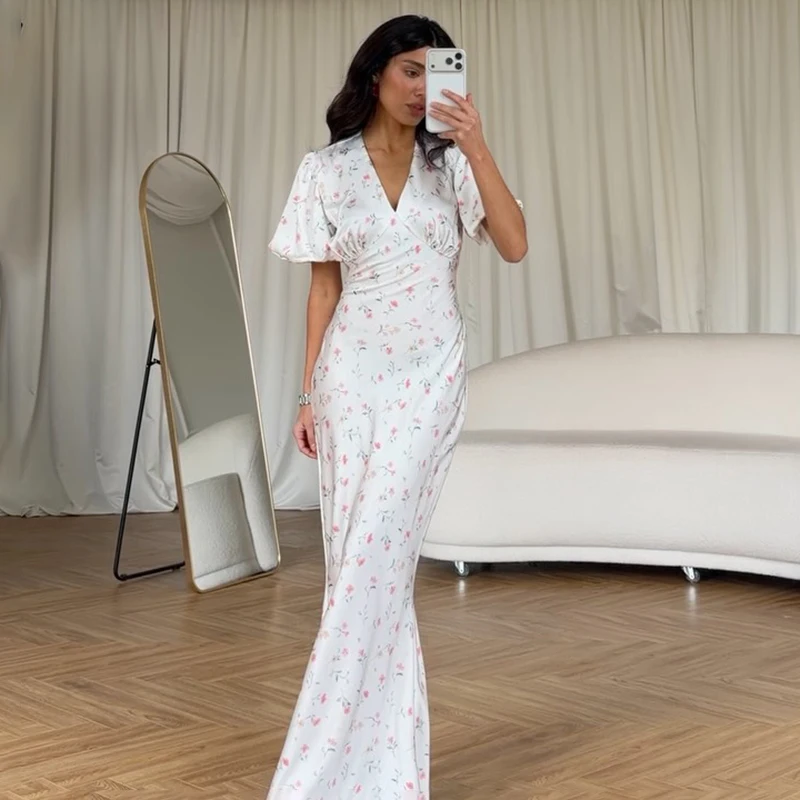 Tornova Floral Print Elegant Long Dress for Women Short Sleeve V Neck Fashion Slim Dress Satin Commuting Banquet Female Dress