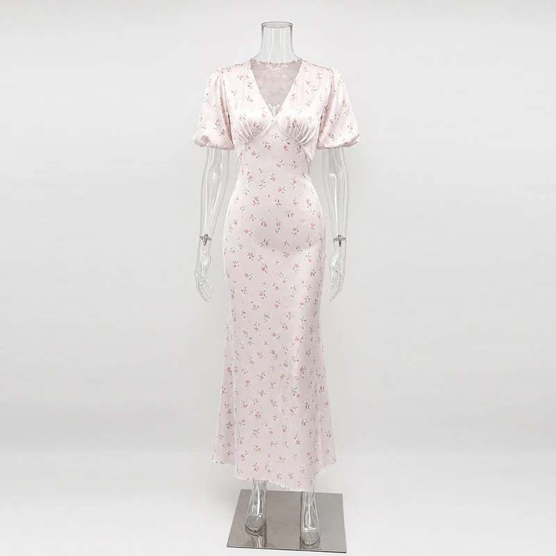 Tornova Floral Print Elegant Long Dress for Women Short Sleeve V Neck Fashion Slim Dress Satin Commuting Banquet Female Dress