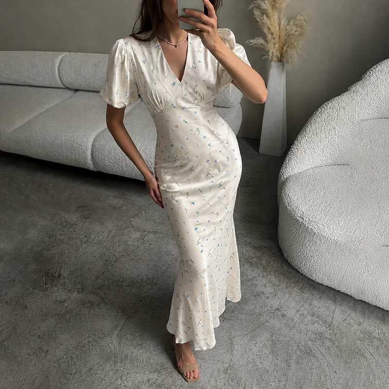 Tornova Floral Print Elegant Long Dress for Women Short Sleeve V Neck Fashion Slim Dress Satin Commuting Banquet Female Dress