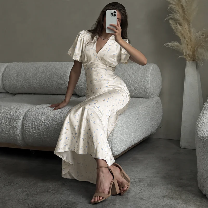 Tornova Floral Print Elegant Long Dress for Women Short Sleeve V Neck Fashion Slim Dress Satin Commuting Banquet Female Dress