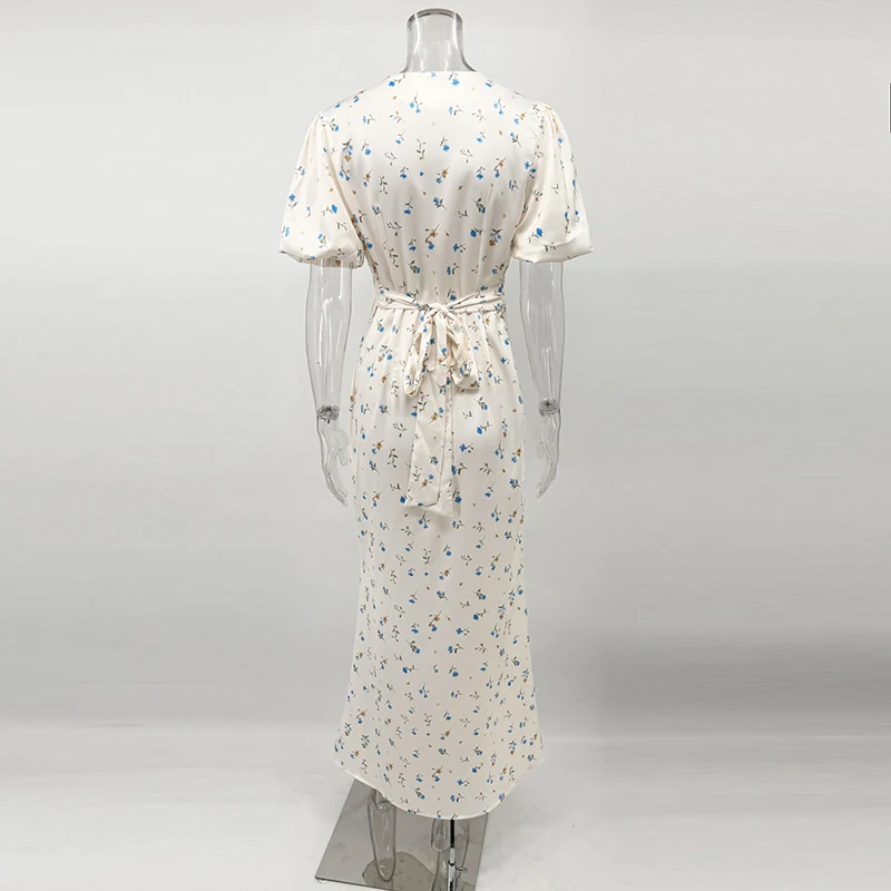 Tornova Floral Print Elegant Long Dress for Women Short Sleeve V Neck Fashion Slim Dress Satin Commuting Banquet Female Dress