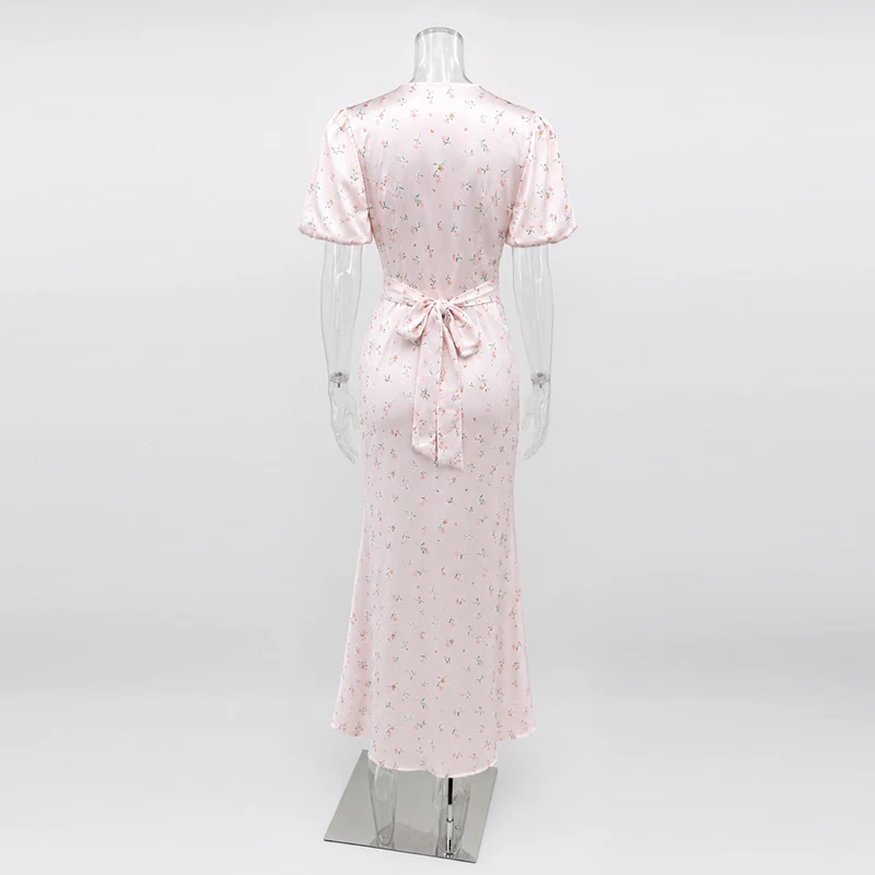 Tornova Floral Print Elegant Long Dress for Women Short Sleeve V Neck Fashion Slim Dress Satin Commuting Banquet Female Dress