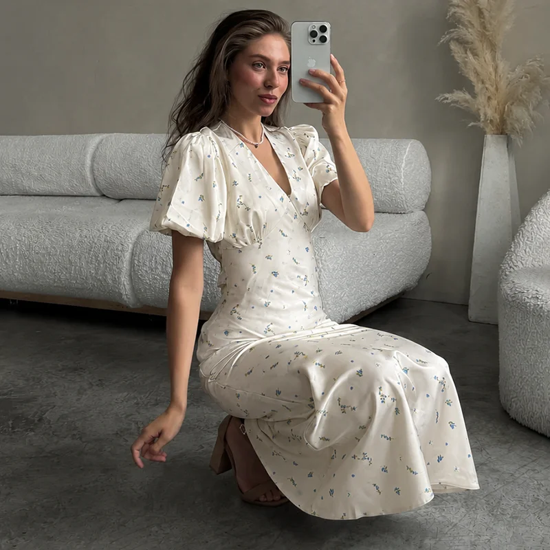 Tornova Floral Print Elegant Long Dress for Women Short Sleeve V Neck Fashion Slim Dress Satin Commuting Banquet Female Dress