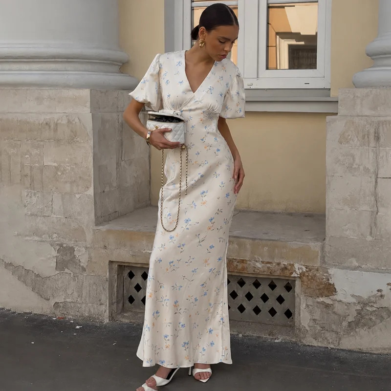 Tornova Floral Print Elegant Long Dress for Women Short Sleeve V Neck Fashion Slim Dress Satin Commuting Banquet Female Dress