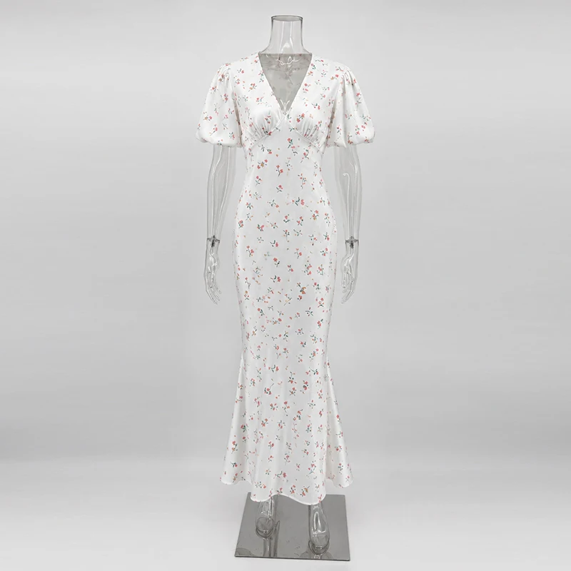 Tornova Floral Print Elegant Long Dress for Women Short Sleeve V Neck Fashion Slim Dress Satin Commuting Banquet Female Dress