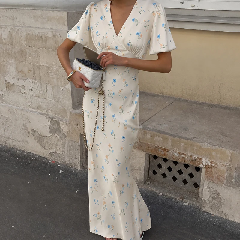 Tornova Floral Print Elegant Long Dress for Women Short Sleeve V Neck Fashion Slim Dress Satin Commuting Banquet Female Dress