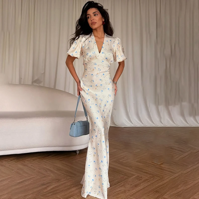 Tornova Floral Print Elegant Long Dress for Women Short Sleeve V Neck Fashion Slim Dress Satin Commuting Banquet Female Dress