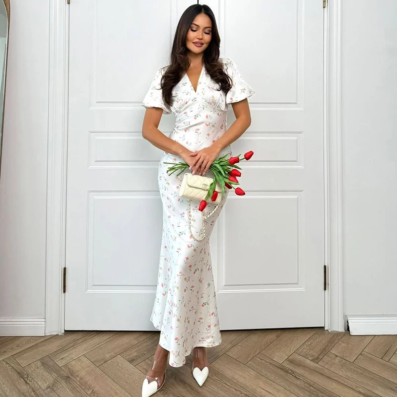 Tornova Floral Print Elegant Long Dress for Women Short Sleeve V Neck Fashion Slim Dress Satin Commuting Banquet Female Dress