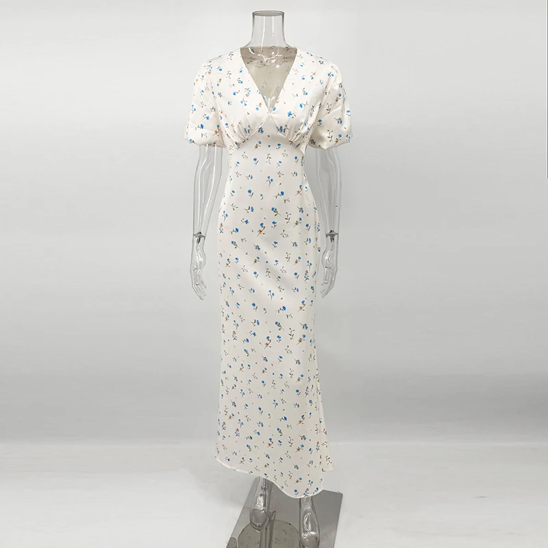 Tornova Floral Print Elegant Long Dress for Women Short Sleeve V Neck Fashion Slim Dress Satin Commuting Banquet Female Dress