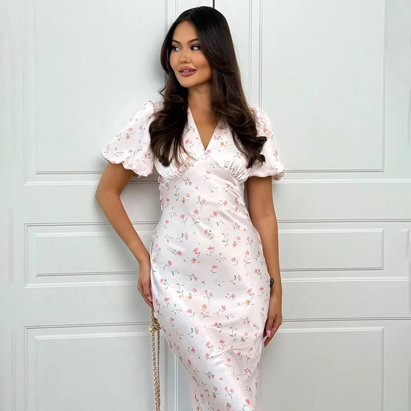 Tornova Floral Print Elegant Long Dress for Women Short Sleeve V Neck Fashion Slim Dress Satin Commuting Banquet Female Dress